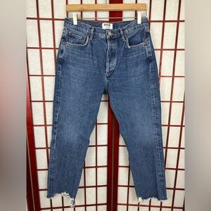 AGOLDE A056J 813 Medium Wash High Rise Crop Straight Leg Jean Raw Hem